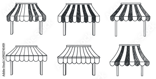 A collection of six different awning designs in black and white outline vector style, perfect for outdoor market and shop branding