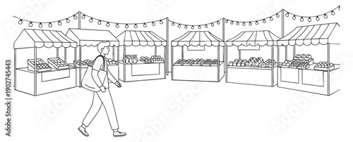 A line art illustration of a bustling outdoor market with stalls filled with goods, ideal for community event promotions