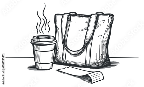 A sketch of a stylish tote bag, a steaming coffee cup, and a receipt in hand-drawn outline vector style, perfect for lifestyle branding