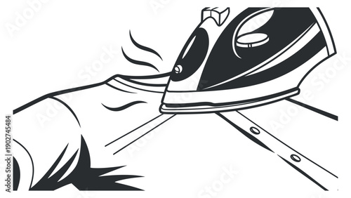 An illustration of a hand ironing a shirt with steam in black and white minimalist vector style, ideal for laundry and home care projects