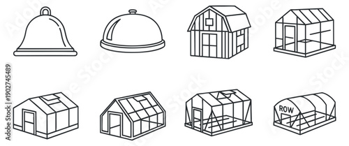 A collection of various building icons including a bell, dome, farmhouse, and greenhouse in flat minimalist vector style, suitable for architectural designs or landscaping projects