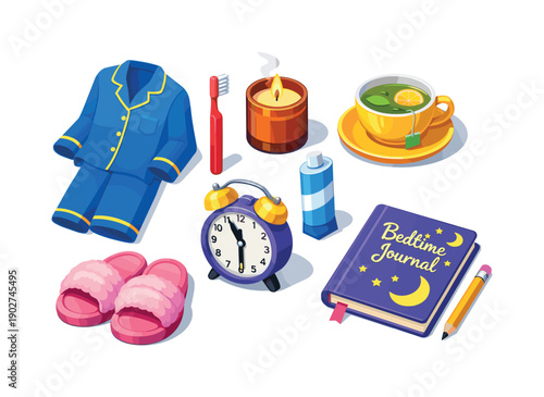 Bedtime preparation flat icon set. Featuring pajamas, toothbrush, candle, tea, slippers, clock, toothpaste, journal