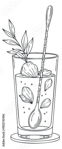 A refreshing drink in a tall glass with leaves and a spoon in outline minimalist vector style, ideal for beverage menus and summer promotions