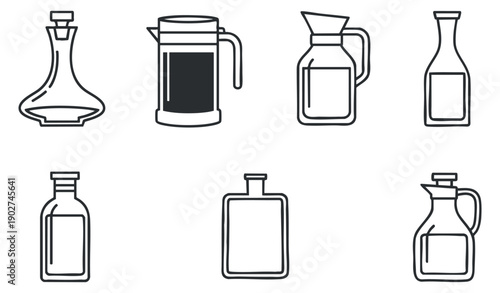 A collection of various glass bottles and pitchers in minimalist outline vector style, suitable for kitchen and bar design