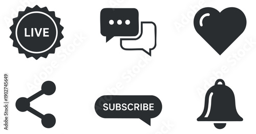 A collection of social media icons including live, subscribe, notification, chat, heart, and share in modern flat vector style, suitable for digital platforms and applications