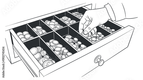 A hand sorting coins in a neatly organized drawer with compartments in black and white outline vector style, perfect for financial illustrations and business concepts