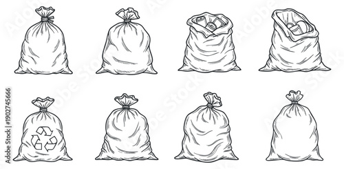 A set of trash bags in outlined vector style, suitable for environmental awareness projects and waste management designs