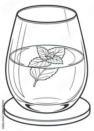 A glass of water with mint leaves in minimalist outline vector style, ideal for beverage menus and refreshing drink recipes
