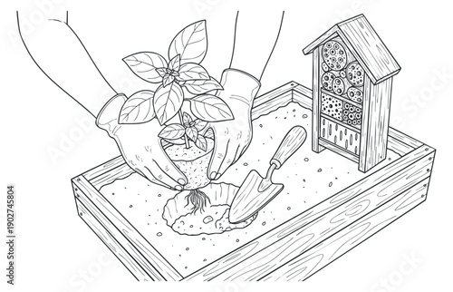 A gardener planting a young plant in soil with gloved hands, featuring a garden box and insect hotel in outline vector style, ideal for eco-friendly gardening projects