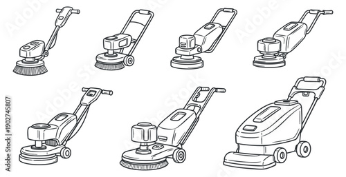 A set of various cleaning machines and floor polishers in outline vector style, ideal for cleaning service branding