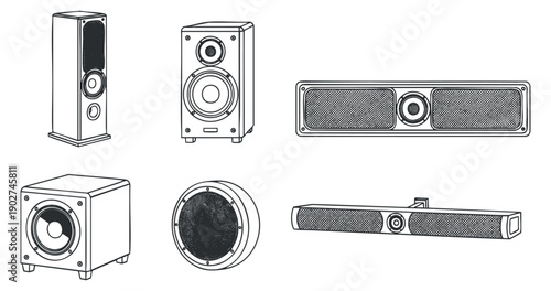 A collection of various audio speakers including subwoofers and soundbars in clean outline vector style, suitable for technology and audio projects