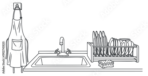 A kitchen scene featuring a sink, apron hanging, and a dish rack with clean dishes in minimalist black outline vector style, perfect for home and cooking illustrations