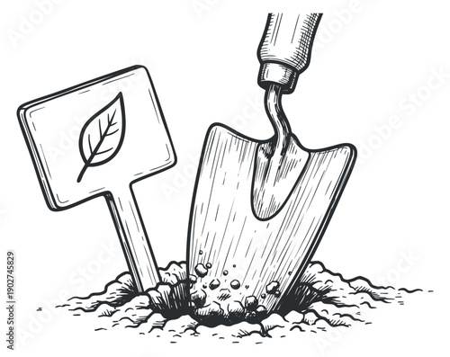 A hand-drawn illustration of a shovel digging into soil with a plant marker featuring a leaf in black and white vintage style, ideal for gardening and landscaping projects