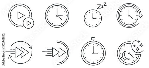 A set of play, pause, and clock icons in minimalist outline vector style, ideal for user interface and app design