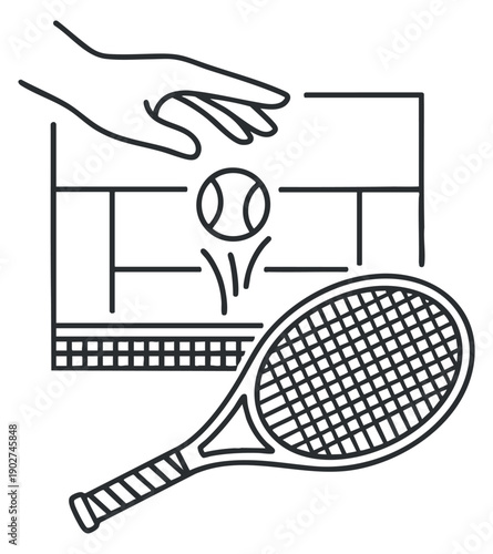 A hand reaching for a tennis ball above a court layout with a tennis racket in minimalist line art style, suitable for sports and fitness projects