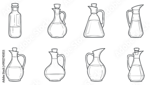 A collection of various glass bottles and pitchers in outline vector style, perfect for kitchen and dining designs