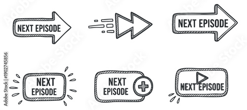 A set of next episode icons featuring arrows and buttons in minimalist outline vector style, ideal for digital media applications