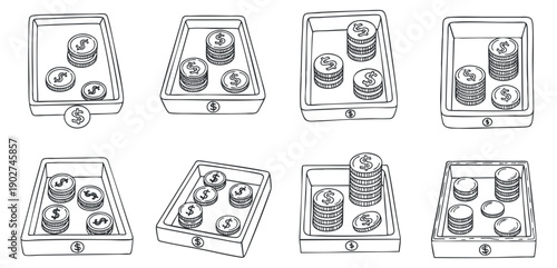 A collection of outlined money trays with coins and dollar signs in black and white vector style, ideal for finance and business illustrations