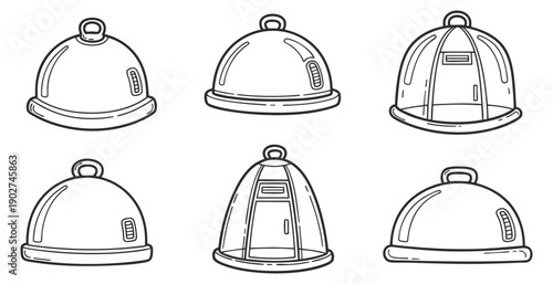 A set of six food dome covers in clean black outline vector style, suitable for culinary branding and restaurant menus