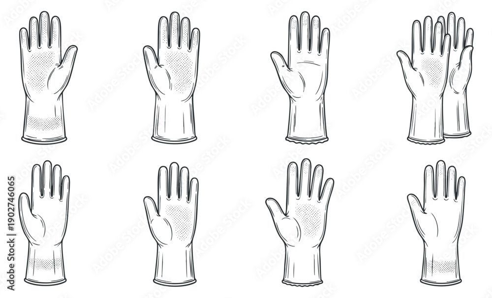 Fototapeta premium A set of hand illustrations featuring rubber gloves in detailed outline vector style, suitable for healthcare and safety projects