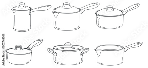 A collection of cooking pots and saucepans in minimalist black and white outline vector style, ideal for culinary designs and kitchen branding