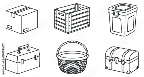 A collection of various storage containers including boxes, baskets, and crates in black outline minimalist vector style, suitable for design and organization projects