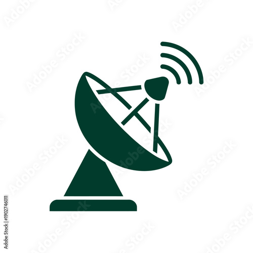 A green satellite dish icon on a white background transmitting signals