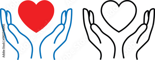 Hands holding heart love care support charity icon set flat and outline