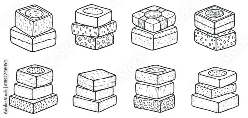 A collection of various sweet desserts and candies in outline vector style, suitable for food packaging and branding