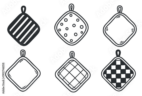 A collection of six pot holder designs in black and white outline vector style, suitable for kitchen and cooking themes