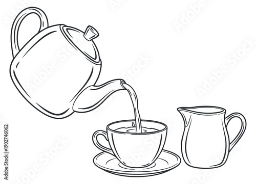 A teapot pouring tea into a cup on a saucer with a milk jug in black line art style, perfect for beverage branding and menus