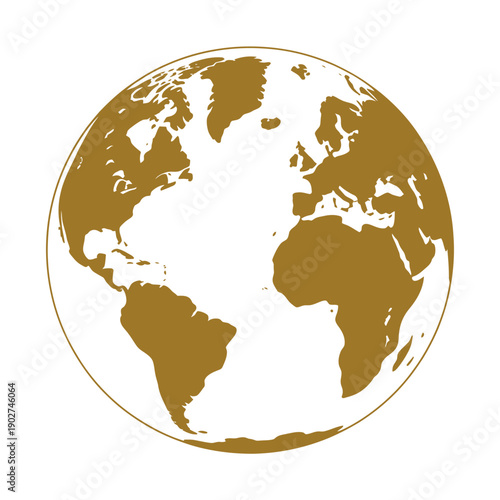 A gold-colored illustration of the Earth from space with a white background
