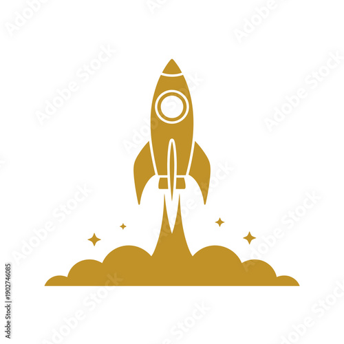 A golden rocket ship blasting off into the sky with clouds and stars