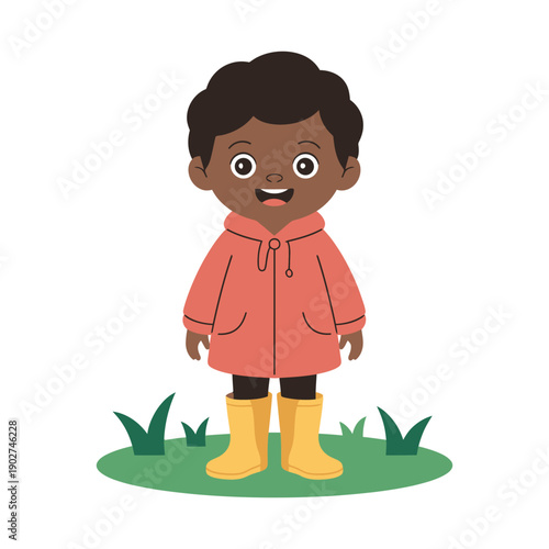 A cartoon illustration of a happy young boy wearing a pink raincoat and yellow boots standing on a green patch of grass.