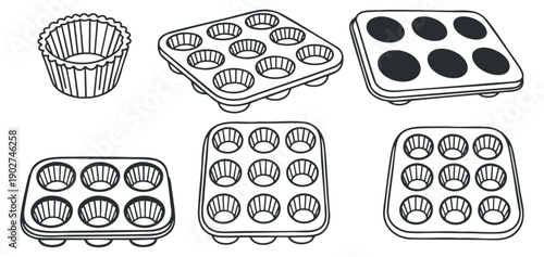 A collection of baking molds including muffin tins and cupcake liners in minimalist black and white vector style, ideal for culinary design projects