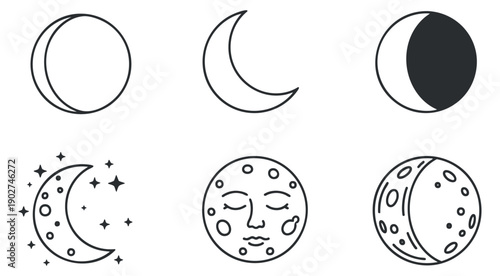 A collection of moon illustrations including crescent, full, and half phases in minimalist outline vector style, perfect for celestial-themed designs