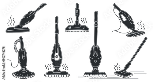 A set of various vacuum cleaner icons in flat black and white vector style, perfect for cleaning service branding and home product design