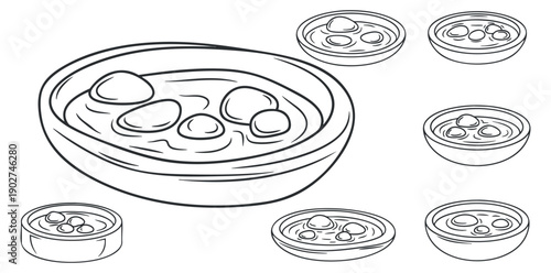 A collection of bowls with soup and ingredients in simple line art style, suitable for culinary designs and menus