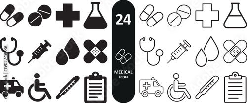 Medical icons set in bold silhouette and outline vector style.