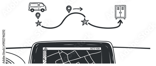 A navigation map with vehicle icons and route markers in black and white outline vector style, suitable for travel and logistics branding