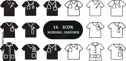Medical nursing uniform icon set in bold silhouette outline style.