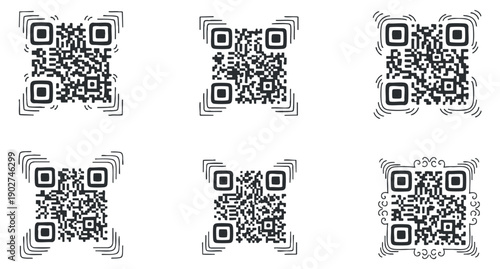 A collection of six unique QR codes in black and white minimalist vector style, ideal for digital marketing and branding