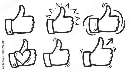 A collection of thumbs up hand gestures in outline vector style, ideal for social media and communication designs