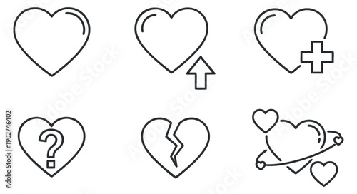 A set of heart icons in outline minimalist vector style, featuring various emotions such as love, heartbreak, and curiosity, perfect for romantic designs and themes