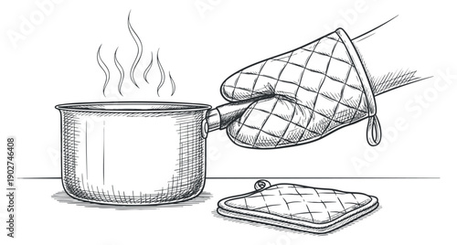 A hand wearing a quilted oven mitt holding a steaming pot in a detailed sketch style, ideal for culinary illustrations