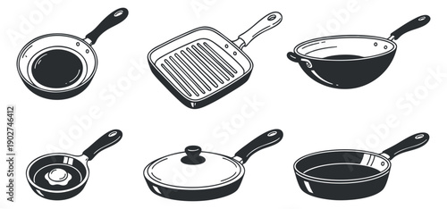 A collection of assorted cooking pans including frying pan, grill pan, and saucepan in black and white vector style, suitable for culinary illustrations and kitchen design