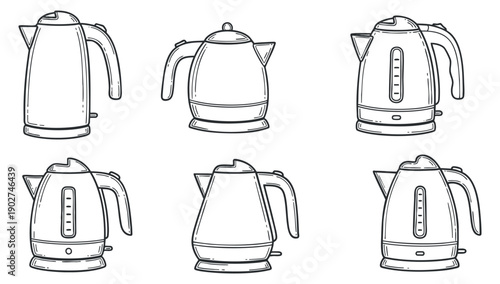 A set of electric kettles in various designs, illustrated in black and white outline vector style, ideal for kitchenware branding