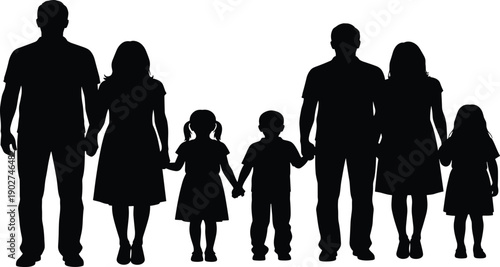 Big family silhouette vector illustration, parents and children holding hands, large group of people standing together, isolated on white background, happy bonding