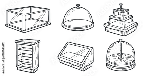 A collection of various display cases, domes, and stands in black and white outline vector style, suitable for restaurant and kitchen design