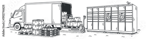 A delivery truck loaded with packages next to a set of storage lockers in outline vector style, suitable for logistics and shipping projects